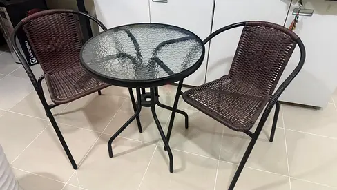 2-Seater Outdoor Bistro Set with Glass Top Table and Wicker Chairs with Plant pots