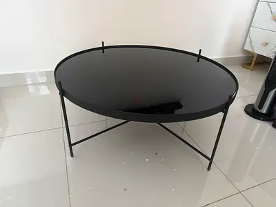 Black Round Glass Coffee Table with Metal Frame