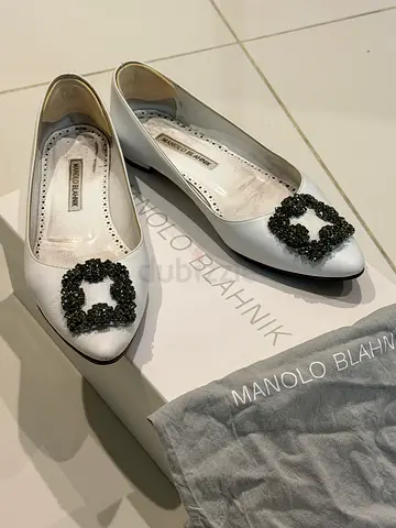 Manolo Blahnik White Leather Pumps with Crystal Buckle, Size 37