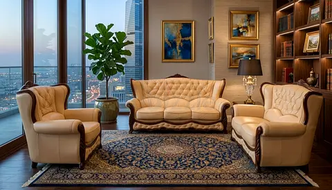 Classic Tufted Leather 3-Seater Sofa with Two Armchairs - Elegant Living Room Set