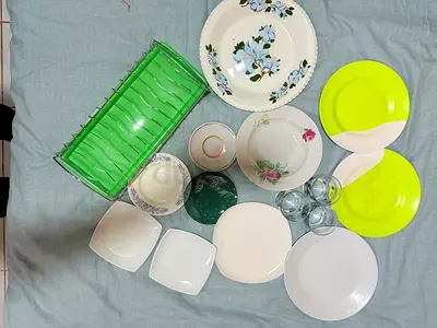 Mixed set of plates, bowls, glasses and cutlery rack - used
