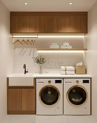 Drawers storage for laundry room with cabinets and shelves.