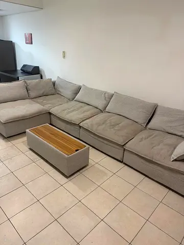 Large L-shaped Beige Fabric Sofa with Ottoman