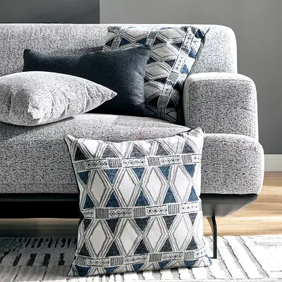 Grey Fabric Sofa with Decorative Cushions and Matching Rug (Set) Steve 3-Seater Fabric Home Centre