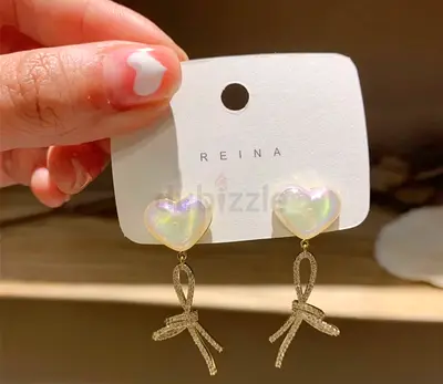 Iridescent Heart Drop Earrings with Gold Bow Charm - New with Tag