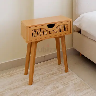 Modern Wooden Nightstand with Rattan Detail