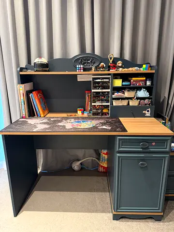 Solid wood study desk with hutch and drawer — dark teal finish  bedside cabinet