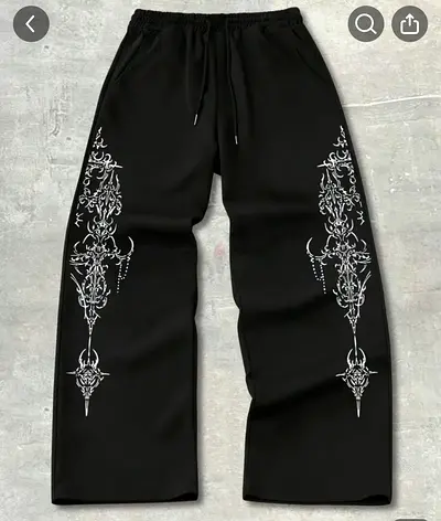Black Wide-Leg Streetwear Sweatpants with White Gothic Side Print - Size ALL SIZE AVAILAIBLE