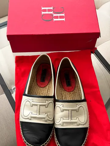 Carolina Herrera black and white insignia leather espadrilles for sale