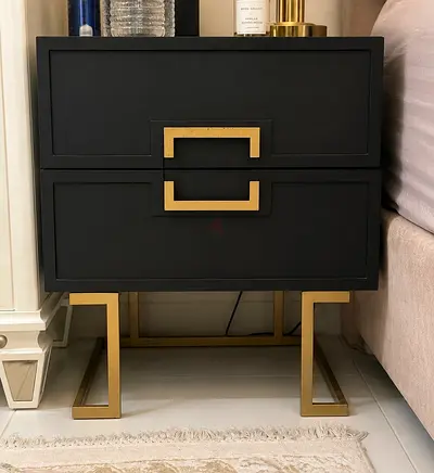 2 Pcs Modern Black Nightstand with Gold Accents - 2 Drawers