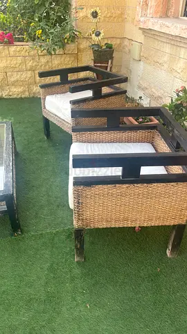 Pair of Outdoor Armchairs with Cushions and Table