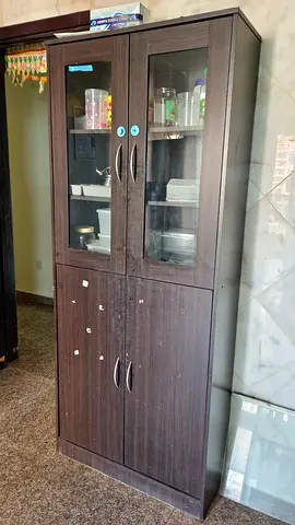 Tall Dark Wood Kitchen/Storage Cabinet with Glass Doors - Good Condition