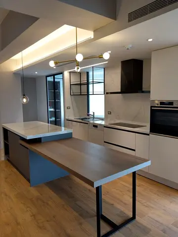 Modern open-plan kitchen with island and built-in appliances