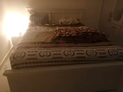 Queen size bed frame with mattress  one bedside table - White Set