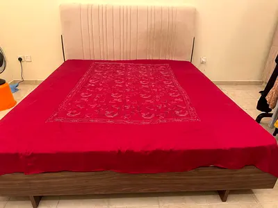 Queen wooden bed frame with upholstered headboard - good condition, comes with Mattress