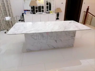 Custom Luxury Dining Table with Marble Surface and Textured Cylindrical Base
