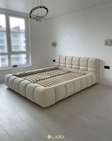Beige Upholstered King Bed Frame with Padded Headboard