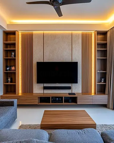 Modern Wall-Mount Entertainment Unit with Built-in Shelving and LED Accent Lighting