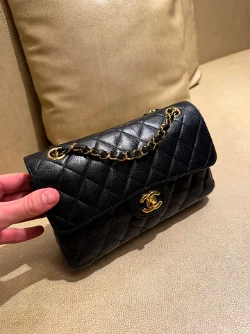 Authentic Chanel Classic Double Flap Mini Black Caviar Leather Bag with Gold Hardware