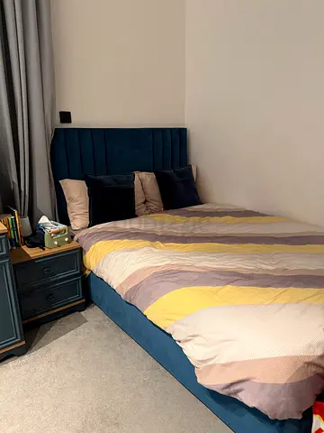 Blue Velvet Double Bed with Headboard - Good Condition
