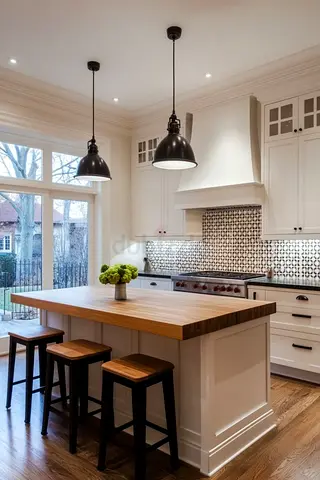Modern White Kitchen Island with Wooden Top and Pendant Lights