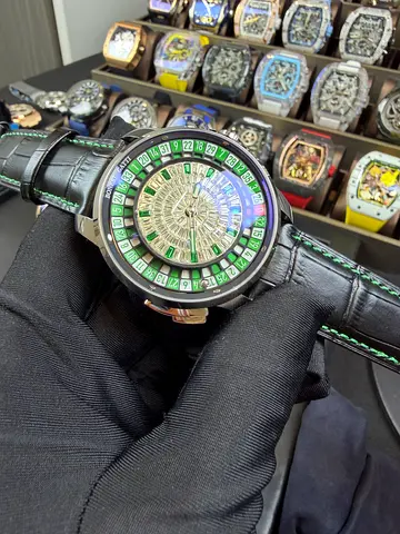 Mens Mechanical Roulette-Style Watch with Black Leather Strap
