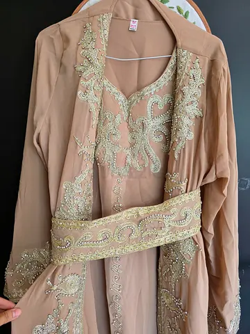 Embroidered Beige Abaya / Kaftan with Belt - Size M