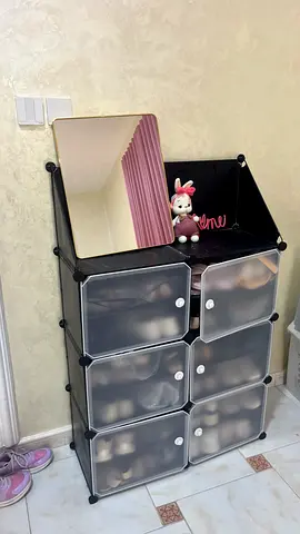 Modular 6-Compartment Shoe Storage Box Unit with Mirror
