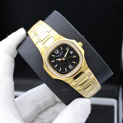 Patek Philippe Gold-tone Womens Master Copy  Watch with Black Dial and Crystal Bezel