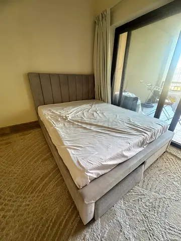 Gray Upholstered Double Bed with Headboard - Good Condition