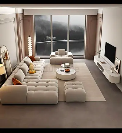 Modern Modular Beige Sectional Sofa with Ottoman - Set in Good Condition