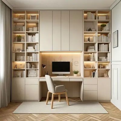 Built-in Home Office Wall Unit with Shelving and Desk
