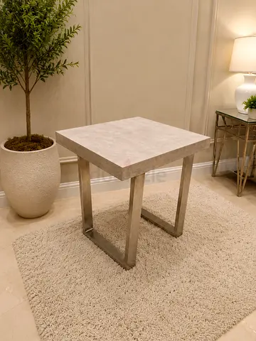 Modern square side table with metal base and stone-effect top