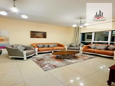 Sharjah, Al Taawun area, fully furnished super deluxe apartment on Oriana Hospital Street. One bedroom, living room, kitchen, two bathrooms, and balco