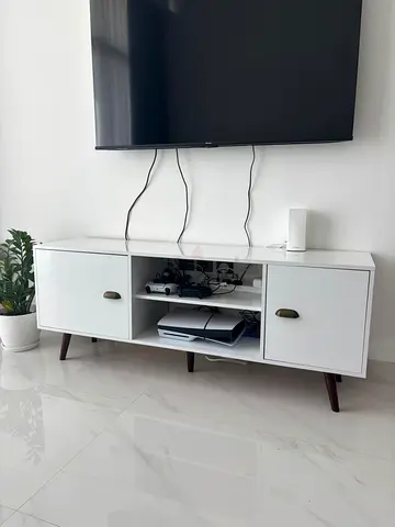 White Mid-Century TV Unit / Media Console with Storage