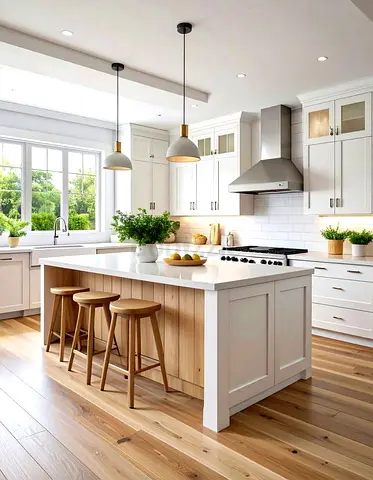Modern white kitchen island with wooden stools (set) - good condition