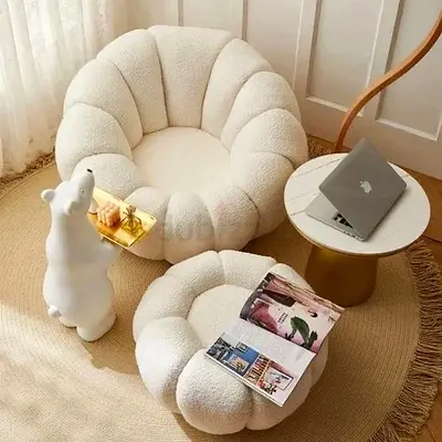Plush Bouclé Lounge Chair with Matching Ottoman - Cream