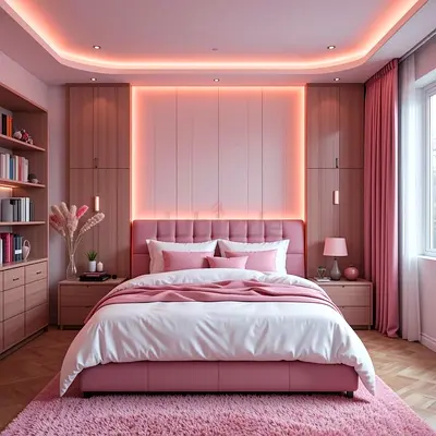 Modern Pink Upholstered Bed with Headboard