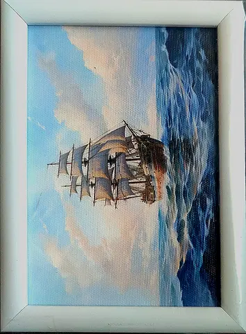 Framed Oil-Style Painting of Sailing Ship at Sea