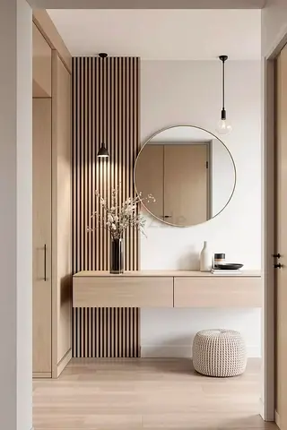 Minimalist Floating Console Table with Round Mirror and Pouf