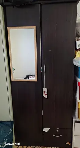 Dark Wood 2-Door Wardrobe with Mirror and Drawer