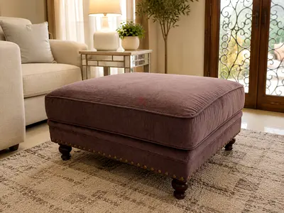 Square Upholstered Ottoman / Footstool in Plum Fabric - Wood Legs