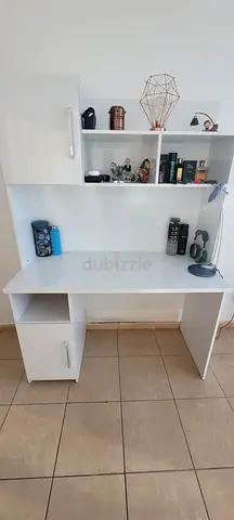 White Study Desk with Overhead Shelves and Cabinet