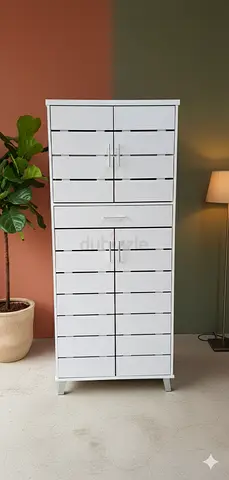 White Tall Shoes Cabinet with Slatted Doors – Good Condition