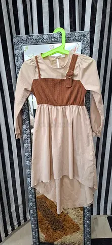 Beige Long-Sleeve Midi Dress with Brown Bodice - Size Approx M