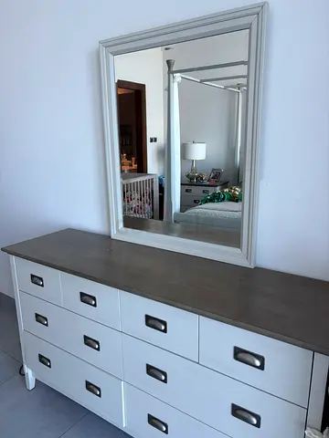 White 10-Drawer Dresser with Large Framed Mirror — Good Condition