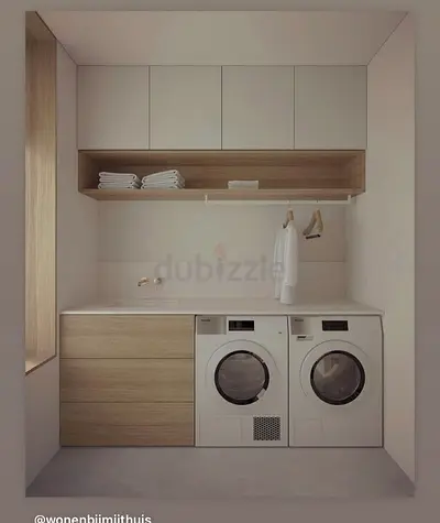 Laundry room cabinets with storage and washing machine box