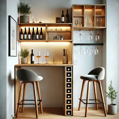 Compact wooden home bar with wine storage and 2 stools