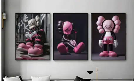 KAWS-Inspired Trio Canvas Prints — Pink  Black Character Art (Set of 3)