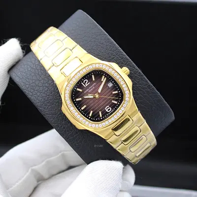 Patek Philippe Gold-tone Ladies Master Copy Watch with stones Bezel and Brown Dial